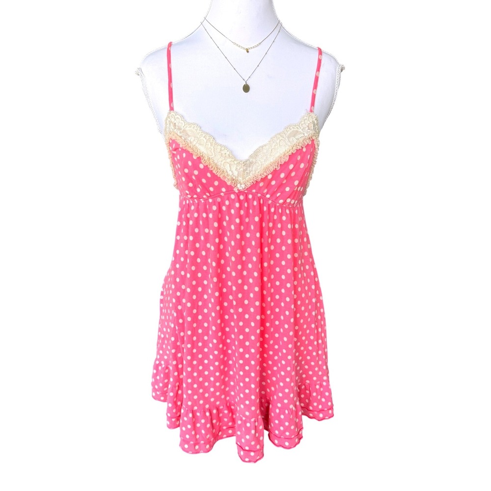 Vintage Y2K Victoria's Secret Polka Dot Pink Babydoll Dress Lace Slip 2011 S